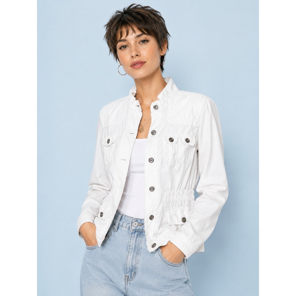 Ann Taylor Loft White Utility Military Jacket Zip Snap S Safari Coastal Grandma